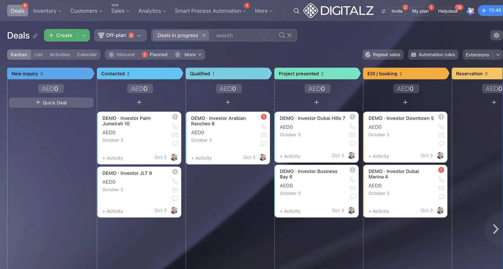Bitrix24 Off-plan pipeline in the Digitalz Real Estate setup: deals by stage from New inquiry to Reservation